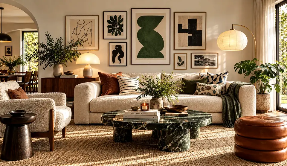 Sunlit living room with a cream bouclé sofa, a round green marble coffee table, a gallery wall of framed art and a rattan rug