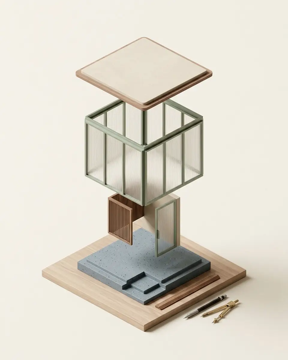 An exploded scale model of a small pavilion with drafting tools