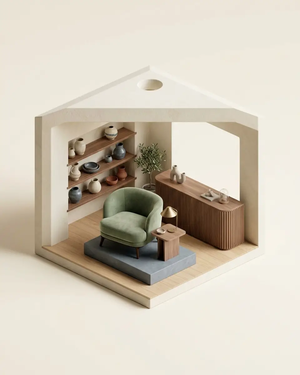 A small showroom with a sage lounge chair, ceramics on shelves and a walnut counter