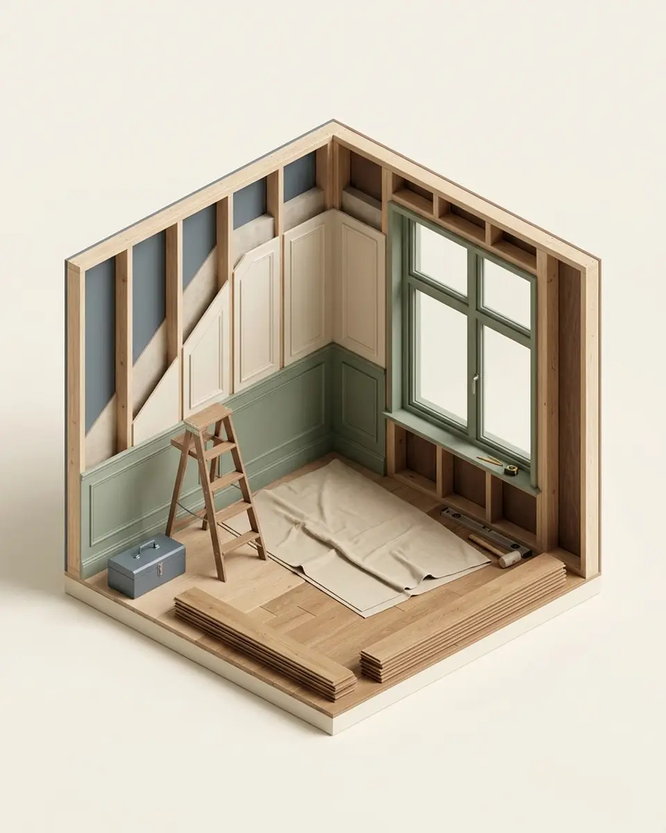 A room being fitted out with timber framing, a ladder and a new window frame