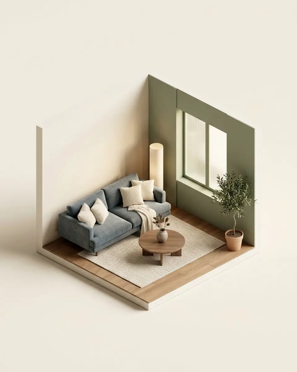 A calm living room with a blue-grey sofa, round walnut table and olive tree