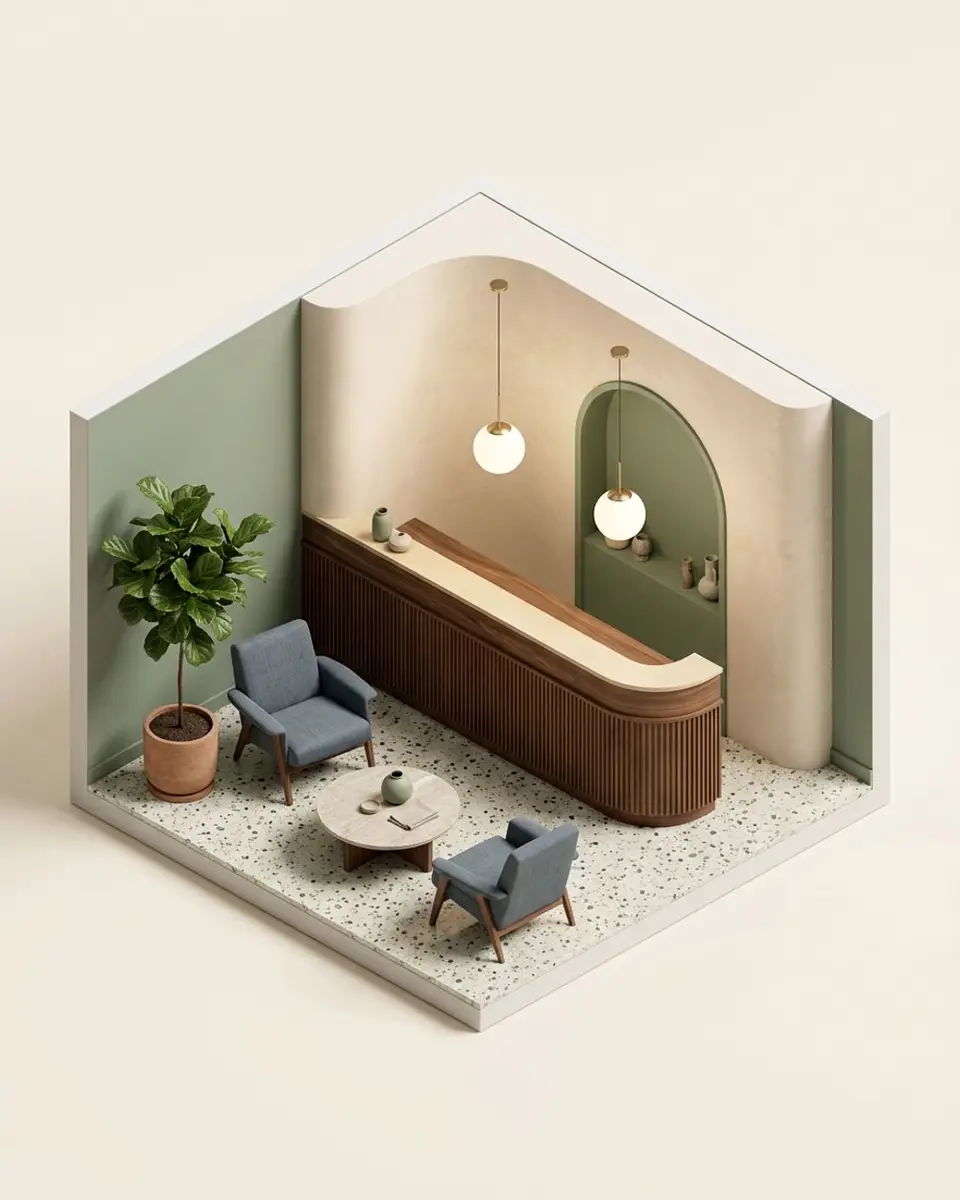 A hotel lobby with a fluted walnut reception desk, globe lights and lounge chairs