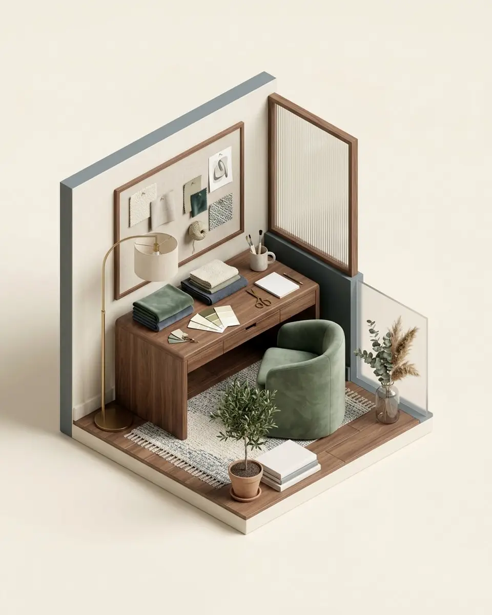 A designer's studio corner with a walnut desk, fabric samples and a sage armchair