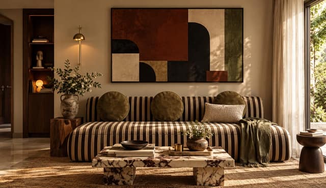 Warmly lit living room with a striped curved sofa, olive velvet cushions, a marble coffee table and a large abstract painting in rust, black and olive